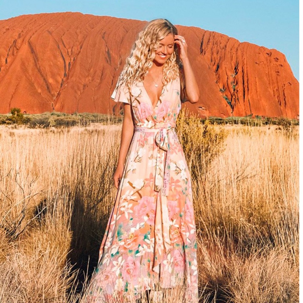 Pink Ruffle Boho Floral Gypsy Print Maxi Dress - Picture 1 of 11